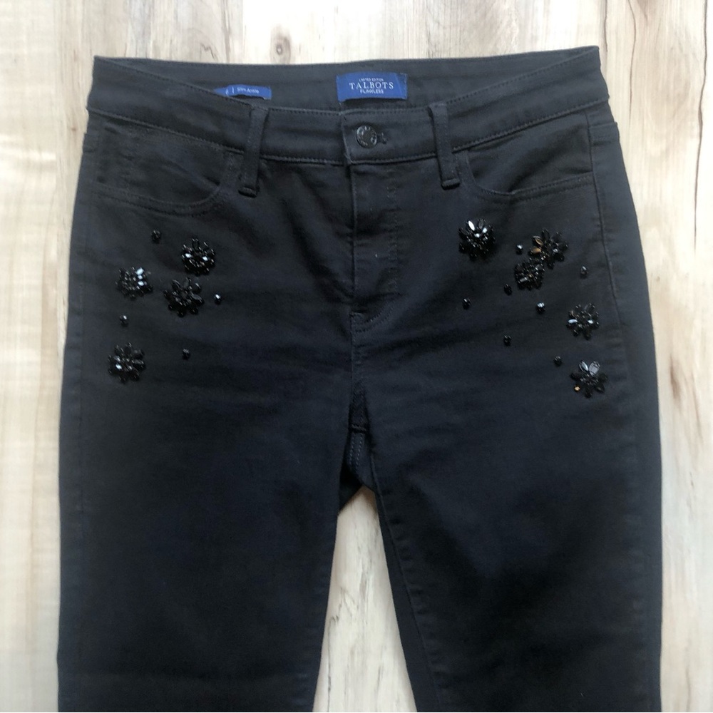 Talbots Limited Edition Flawless Black Slim Ankle Jeans Beaded Floral Accents